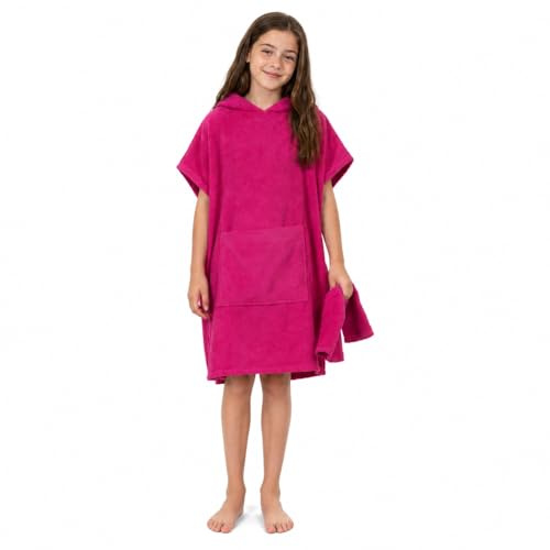 ALLEN & MATE 100% BAUMWOLLE Kinder-Strandtuch-Poncho – Übergroßer, schnelltrocknender Bademantel zum Umziehen mit Kapuze und Tasche für Jungen und Mädchen (6–9 Jahre, Rosa)