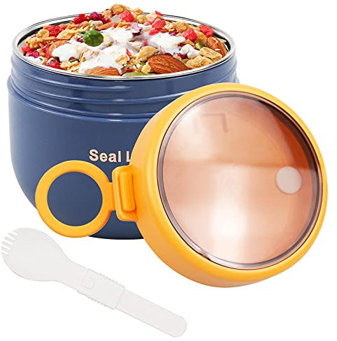 bainuote Müsli To Go Becher 600ml Joghurtbecher Auslaufsicherer Müslibecher To Go Porridge Becher Edelstahl Lunchbox to go mit Klapp-Löffel für Jedes Frühstück Mittagessen-Blau