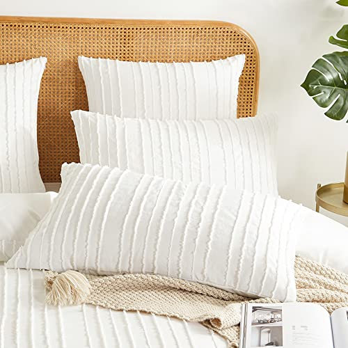 AShanlan 2er Set Kissenbezug 40 x 80 Weiß Boho Getuftet Stickerei Gestreift Kopfkissenbezug Bohemian Style Deko Kissenbezüge mit Reißverschluss