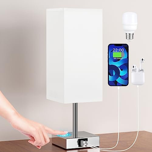 Aooshine Bedside Lamp, Touch Control Table Lamp with USB A+C Charging Ports, Touch Lamps Bedside with 3 Way Dimmable, Table Lamps for Bedroom Living Room with White Fabric Shade (LED Bulb Included)