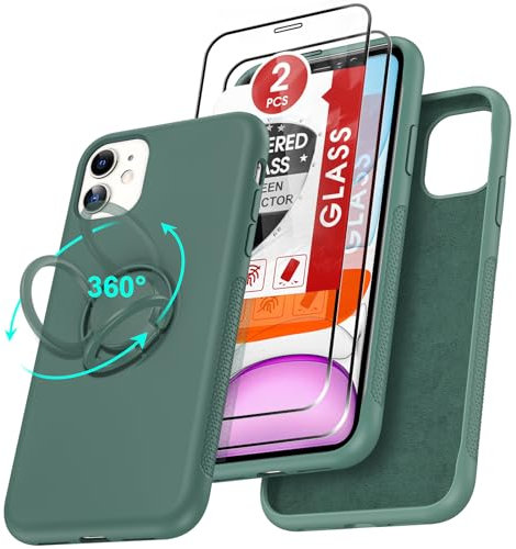 LeYi Flüssige Silikon Handyhülle für iPhone 11 Hülle mit 2*Schutzfolie, 360 Grad Ständer Ring Silikonhülle Outdoor Kratzfest Stoßfest Gel Dünn Schutzhülle Case für Apple iPhone 11 Grün