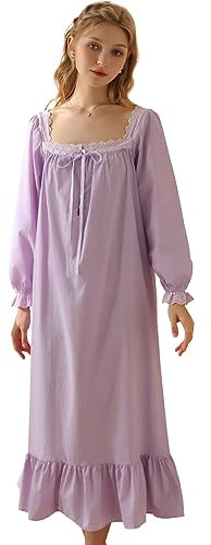 Nanxson Femme Chemise De Nuit Victorienne en Coton Style Princesse à Manches Courtes/Longues (XXL, Manches Longues Violet)
