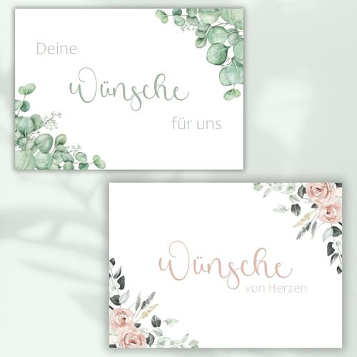Wünschekarten Hochzeit – 50, 75 oder 100 Karten DIN A6, matt, beschreibbar mit jedem Stift – für Wunschbaum, Traurituale & Gästebuch – Rosa Eukalyptus Gold Grün - mit Text