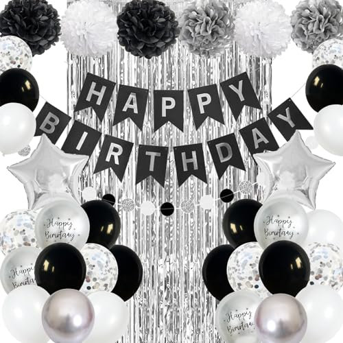 Jobkoo Black and Silver Birthday Decorations for Men Boys, Black White Silver Party Decorations Happy Bithday Banner Star Foil Balloon Fringe Curtain Pompom for Women Girls Party Supplies