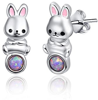 Hase Ohrstecker für Damen - 925 Sterling Silber Opal Hasen Ohrringe mit Tier Design für Frauen, Mädchen und Kinder