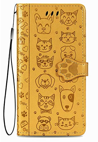 Fertuo Case for Xiaomi POCO C65 / Redmi 13C 4G, Premium Leather Wallet Case with Cute Cat Dog Embossed Pattern [Card Slots] [Kickstand] [Inner TPU Shell] Flip Cover for Redmi 13C 4G, Yellow