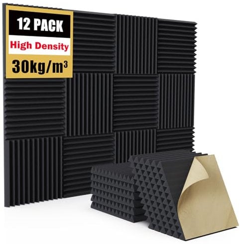 Jancane 12 pack Self-Adhesive Acoustic Foam Panels, 1 X 12 X 12 Sound Proofing Panels, Acoustic Wall Panels for Home Recording Studio Acoustical Treatments
