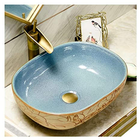 Waschtisch-Waschbecken, Keramik-Kunst-Waschtisch, Badezimmer-Waschbecken, 18,9 x 15,3 Zoll, Porzellan, buntes Muster, ovales Aufsatzwaschbecken (Grau S)