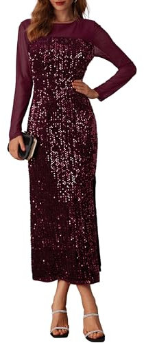 GRACE KARIN Damen Elegantes Paillettenkleid Lang Transparent Ärmel Bodycon Abendkleid Formelles Besondere Hochzeitskleid Maxi Kleid Dunkelwein M