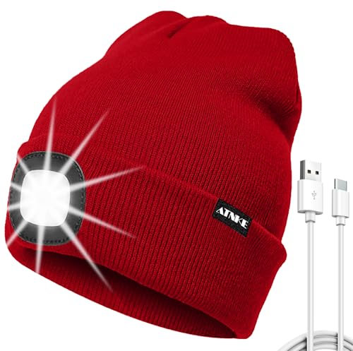 ATNKE LED Mütze mit Licht, USB Typ C Wiederaufladbare 4 LED Beleuchtete Laufmütze Extrem Heller Lampe Winter Warme Stricken Mütze für Herren und Damen Geschenke/Red