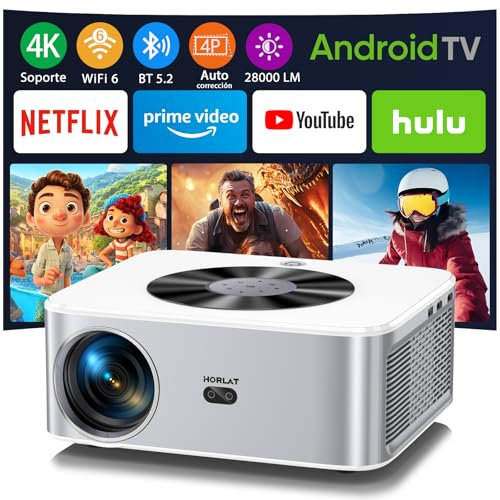 【Netflix & Android TV 】 Horlat Videoprojecteur 4K Supporté 28000Lm Projectuer, WiFi 6 Bluetooth FHD 1080P Rétroprojecteur 300'' Display avec Youtube/Prime Video