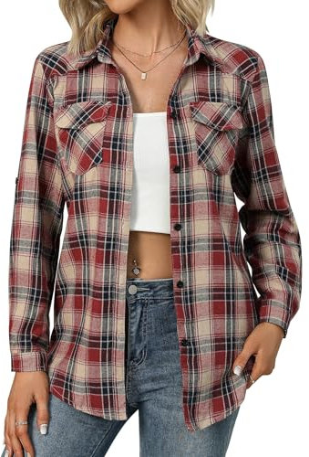 Zeagoo Chemise à carreaux pour femme - Manches 3/4 - En coton - Manches 3/4 - Pour la fête de la bière - Col en V - Chemisier de bûcheron - Décontracté - Avec boutonnière, noir/rouge, XL