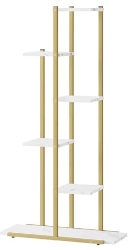 Étagère à pots de fleurs avec 6 niveaux en marbre avec pieds dorés – Idéal pour le salon, la chambre à coucher, le couloir ou le bureau – Support de plantes de style loft avec cadre en acier pour la