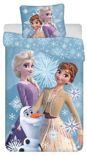 Disney Kinderbettwäsche Frozen Anna ELSA Olaf Schneeflocken Zauber Magie Bettdecke 140 x 200 + Kopfkissen 50 x 70 cm 100% Baumwolle