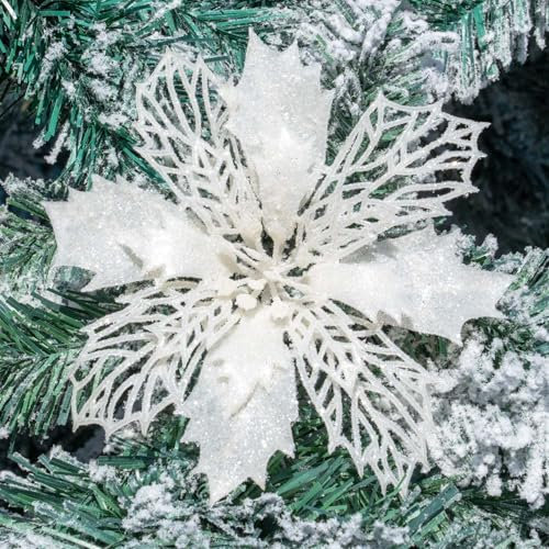 Tuocal 10 Pieces Glitter Poinsettia Christmas Decorations, 6.3“ Large Artificial Poinsettia Flowers Christmas Tree Ornaments for Xmas Tree Wedding New Year Xmas Garland Wreath Home Party Decor, White