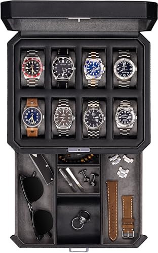 ROTHWELL Uhrenbox aus Leder mit 8 Schlitzen und Aufbewahrungsschublade – luxuriöser Schmuck-Organizer, verschließbare Vitrine, Echtglas-Oberseite – Uhrenbox-Organizer für Damen und Herren