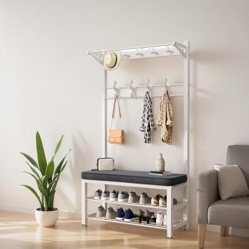 Arbre d'entrée avec banc et étagère à chaussures, porte-manteau autoportant avec coussin en mousse, cadre en métal robuste, 9 crochets amovibles, parfait pour la maison et le bureau, blanc (80 cm)