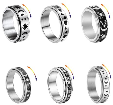 Spinner Ringe 6 Stück Fidget Band Ringe Edelstahl Roller Ringe Silber Schwarz Drehbarer Ringe Vintage Ring für Damen Herren Ring Set Geschenke für Geburtstag Weihnachten (Größe 10: 2,00 cm)
