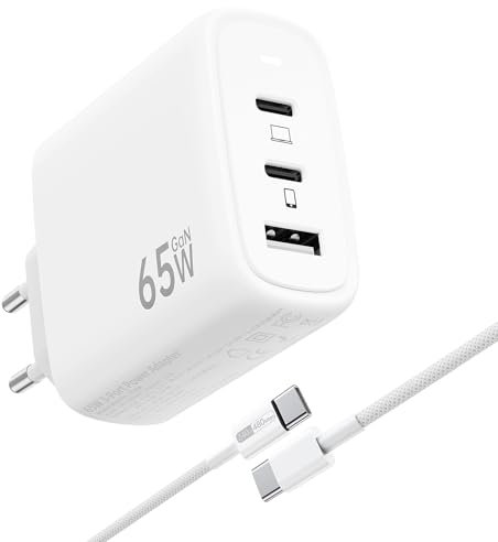NEWINCON USB C Ladegerät 65W 3-Ports GaN III USB C Netzteil, PPS Schnellladegerät mit 1.8M 240W Kabel für MacBook Air/Pro, iPhone17/16Pro, Samsumg S24Ultra/S23, iPad Pro/Air, Pixel9/8, Laptops.