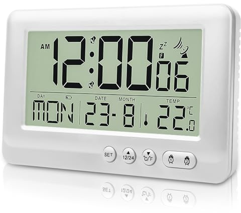 GAOUTO Digital Radio-Controlled Alarm Clock with Thermometer, Alarm Clock Digital with Two Alarm Times, Radio-Controlled Clock with Temperature, Backlight, Snooze Function, Date, Day of the Week