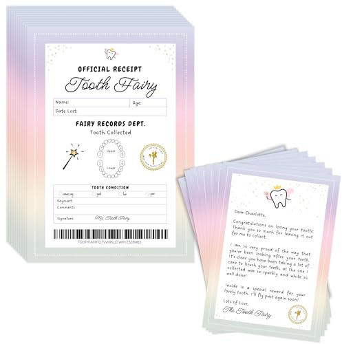 Zahnfee Brief & Quittung Set - 20 Stück A6 doppelseitige Karten - Personalisierte Zahnfee-Notizen für Kinder - Offizielle Quittung & Brief von der Fee - Lustiges, magisches Erinnerungsdenken | Bunt