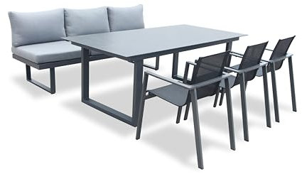 Alu Stuhl-Tisch-Bank Set | Acatex | Sicherheitsglas | Verstellbare Lehne | SH 48cm | Farben: anthrazit, Cemento, Silbergrau, Nero