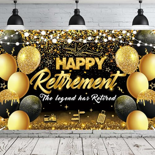 pensione uomo addobbi, 180x110 striscione pensionamento finale, striscione sfondo pensionamento, striscione pensione oversize nero e oro, festa addio uomini donne festa pensionamento
