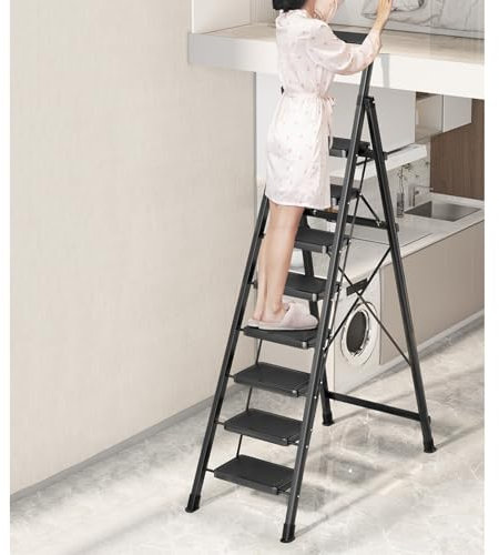WWERTYY Escabeau Pliable Robuste pour Grenier, échelle de Sortie pour Maison à Deux étages, échelle d'escalade avec établi supérieur, escabeau Noir (7 marches - 2 m (6,6 pi))