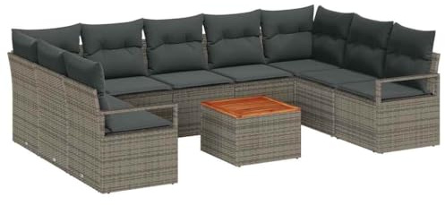 vidaXL 10-teilige Garten-Sofa-Garnitur mit Kissen in Grau aus Poly-Rattan und Akazie | Modular und verstellbar – perfekt für Balkon, Terrasse, Patio, Essbereiche, Lounges und Partys.