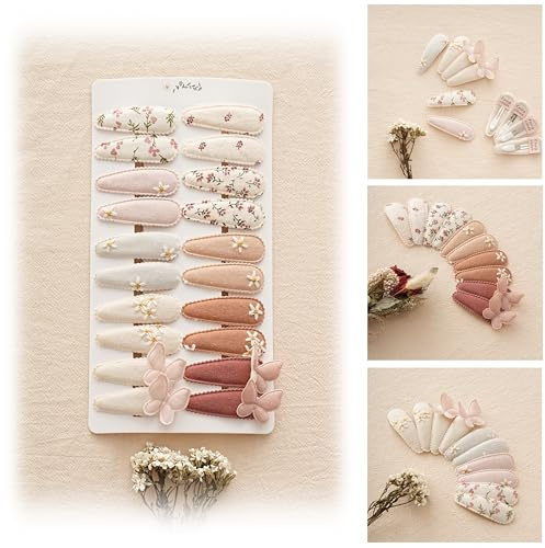 Fancy Clouds 20 Pack Baby Hair Clips for Girls Toddler,Neutral Fabric Snap Clips Pins With Embroidery Daisy Flower Butterfly,Handmade Hair Accessories Barrettes for School Age Kids Children Gifts