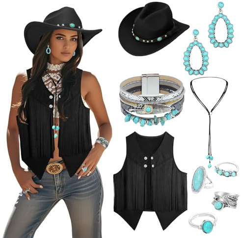 OJMHD Cowgirl-Outfits für Damen, Western-Kostüm-Zubehör mit Quaste, Weste, Cowboyhut, Türkis, Halskette, Armbänder, Ring für Halloween, Cosplay, Hippie-Party