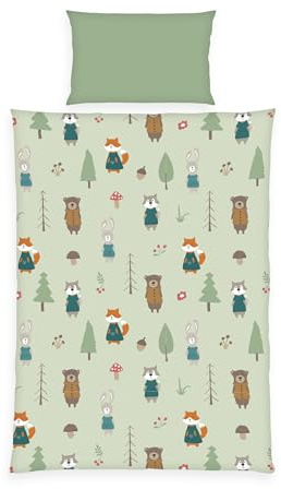 Herding babybest Flanell-Kleinkindbettwäsche Waldtiere, 1Kissenbezug 40x60 cm, 1 Bettbezug 100x135 cm, 100% Baumwolle/Flanell, Grün