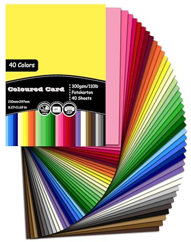 40 Blatt Tonkarton A4 Bunt, 40 Farben - 300 g/m² Tonpapier, Fotokarton Bastelkarton für Malen Kartenherstellung Einladungen Scrapbook Basteln, 21 x 29.7cm