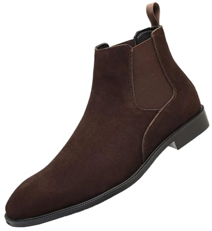 ANUFER Hombres Vacuno Cuero de Ante Botas Chelsea Punta Cuadrado Slip On Vestido Botines de Tobillo Café SN0711231 EU43