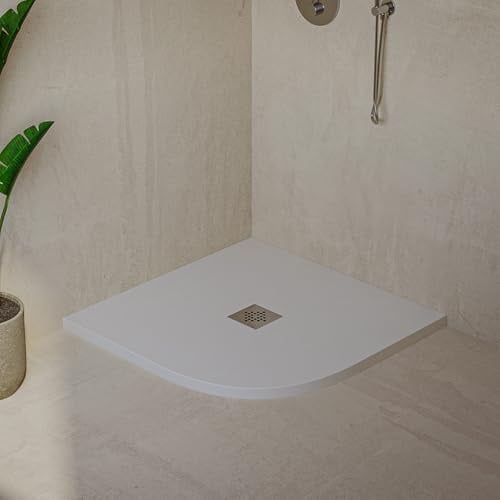 Piatto Doccia Semicircolare SOULHOME Resina e Carica Minerale Antiscivolo 80x80 cm Crema - Griglia Inox