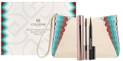 Collistar Geschenkset für Damen, Infinito Mascara 7,5 ml + Eye Marker Schwarz 1 ml, Verlängernde und Schwunggebende Refill-Mascara, Präzisions-Eyeliner 12H, mit Beauty Kosmetiktasche