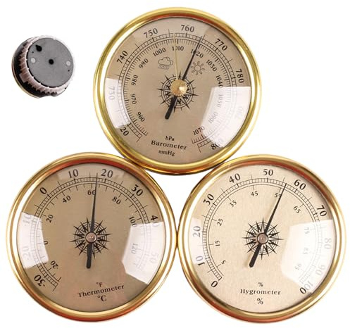 Barometro, Set Termometro Barometro Igrometro 3 in 1 con Cornice Dorata retrò per Parete di Casa, Manometro Barometrico Accurato e Monitor del Clima Interno, 7, 2 cm