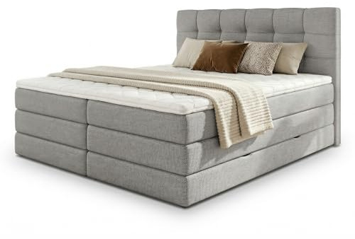 Sofnet Boxspringbett Best XL mit 2 Bettkästen und Topper, mit Taschenfederkern- und Bonellfederkernmatratze, Doppelbett, Polsterbett aus Webstoff mit Stauraum (Grau (Inari 91), 140 x 200 cm)