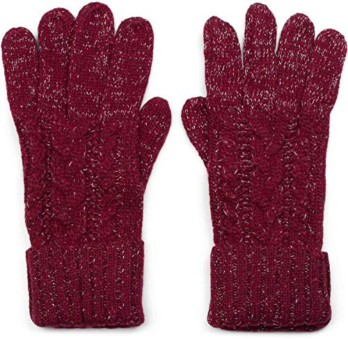 styleBREAKER Damen Strick Handschuhe mit Zopfmuster, Metallic Look und doppeltem Bund, Winter Strickhandschuhe 09010018, Farbe:Bordeaux-Rot