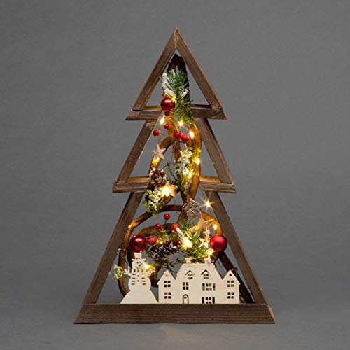 39cm LED Pre-Lit Decorated with Leaves Pine Cones Berries 3D Nordic Christmas Scene Tree Shape Wooden Frame Tabletop Decorations Xmas Ornament Gifts, Brown