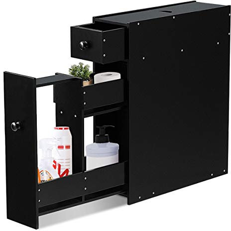 GOPLUS Nischenschrank, Badschrank klein mit Schubladen, Nischenwagen, Seitenschrank, Badezimmerschrank schmal, Beistellschrank, Nischenregal für Badzimmer & Küche, 48 x 15x 58 cm (Schwarz)