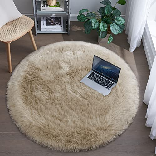 Tangsoo Zottelteppich, weicher Kunstfell-Teppich, rund, 90 cm, Beige