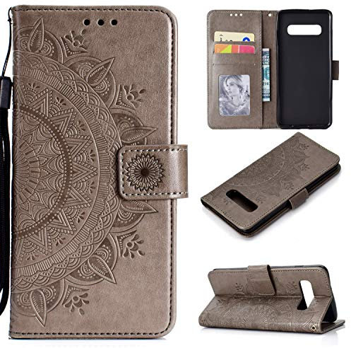 EYZUTAK Mandala Handyhülle für Samsung Galaxy S10,Ultra Slim Flip Case mit Kartensteckplatz Magnetverschluss,Prägung PU Leder Klapphülle, Hülle mit Standfunction und Lanyard,Klappbar Motiv-Grau