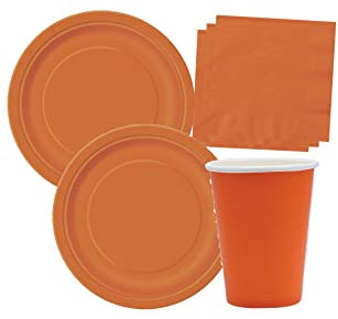 Isola Party Kit festa di compleanno tinta unita color Arancione per 50 persone eco-friendly (50 piatti di carta ⌀ 23 cm, 50 bicchieri di carta 200 ml, 50 tovaglioli di carta 33x33 cm)