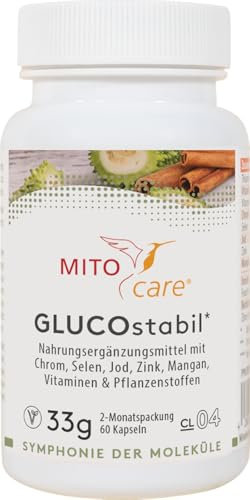 MITOcare GLUCOstabil - Chrom Kapseln Hochdosiert fördern die Aufrechterhaltung eines normalen Blutzuckerspiegels - Blutzucker Komplex mit Jod - Vorratspack mit 60 Kapseln, ausreichend für einen Monat