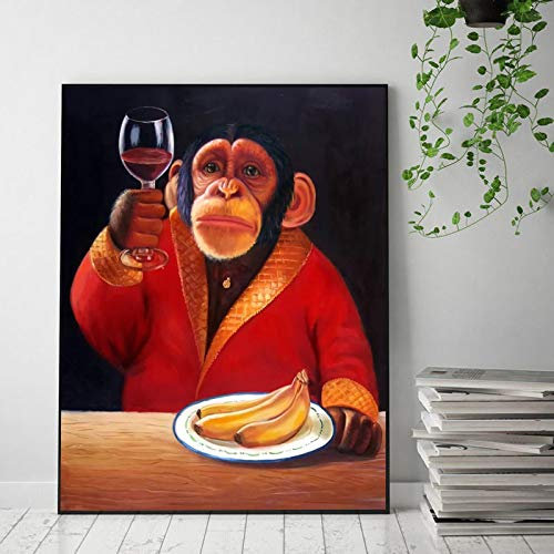 Zhadongli Art Scimmia con Bicchiere di Vino Quadro su Tela Arte della Parete Banana Poster e Stampe Gorilla in Abiti Immagini per Soggiorno 40x60cm(16x24in) Con Cornice