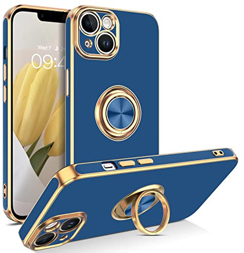 GUAGUA iPhone 14 Case,iPhone 14 phone Case with 360° Ring Holder Kickstand Slim Support Magnetic Car Mount Protective Women Men Phone Cover for iPhone 14 6.1 inch, 2022, Navy Blue/Gold