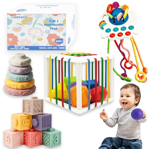 Lunememo Baby Spielzeug ab 6 bis 18 Monate, 4 in 1 Montessori Spielzeug, Stapelspielzeug mit Blöcken & Ringen für Stapelturm, Sensorik Spielzeug 1-3 Jahr, 19 Stück