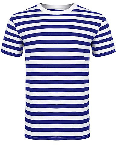 Style Lockers® Men Women's Striped T-Shirt - Unisex Crew Neck Short Sleeve Stripes T-Shirt Casual Summer Top (Navy White, Large)
