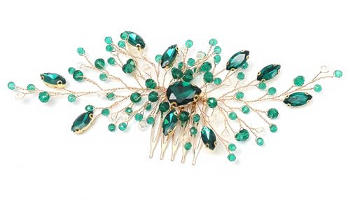 FDCGAS haarschmuck hochzeit - 1 pcs Grüner Kristallbraut-Haarschmuck, goldener Weinblatt-Haarkamm für die Hochzeit, grüne Strass-Brauthaarteile, Kristall-Haarschmuck für Frauen und Mädchen